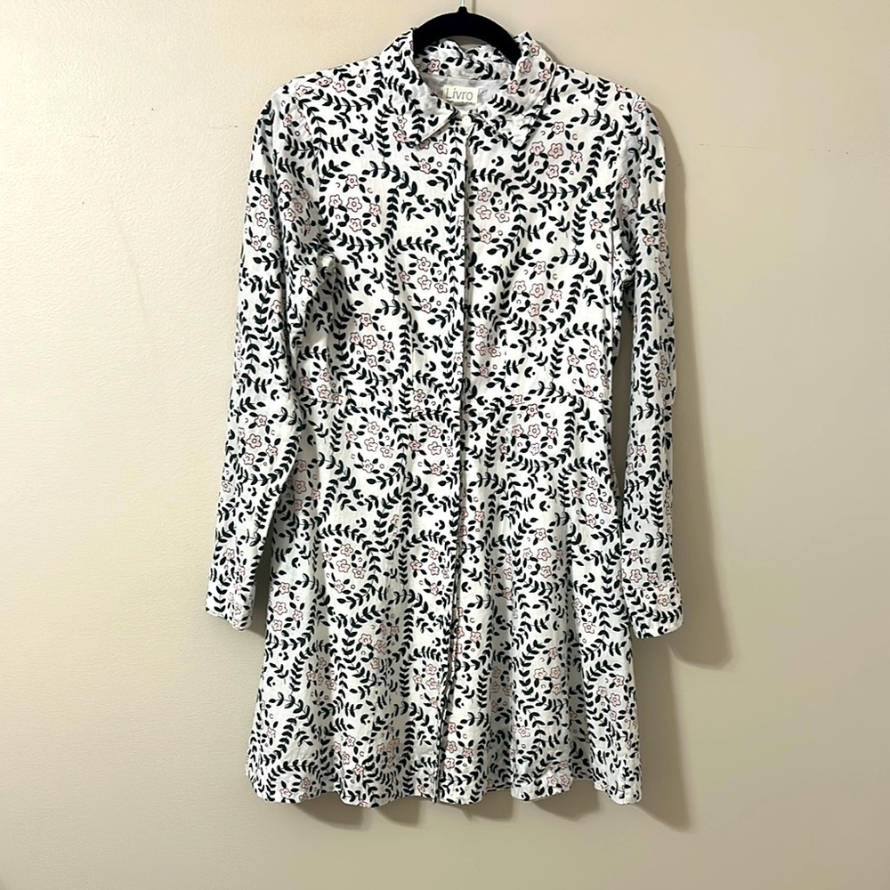 Lilya White Button-Front Mini Dress with Black Leaf Print